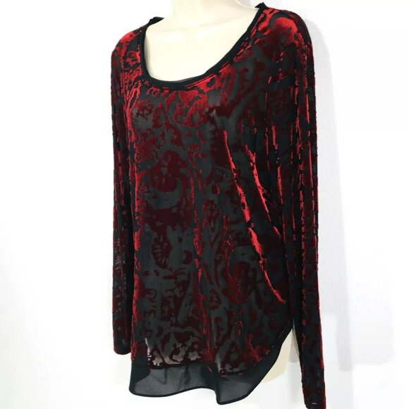 Simply Vera Wang Sz L Red Burnout Velvet Top Sheer Tunic Whimsy Goth - Picture 4 of 13